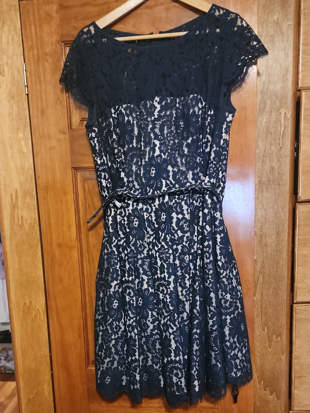 Eliza J Navy Lace Midi Dress with Belt